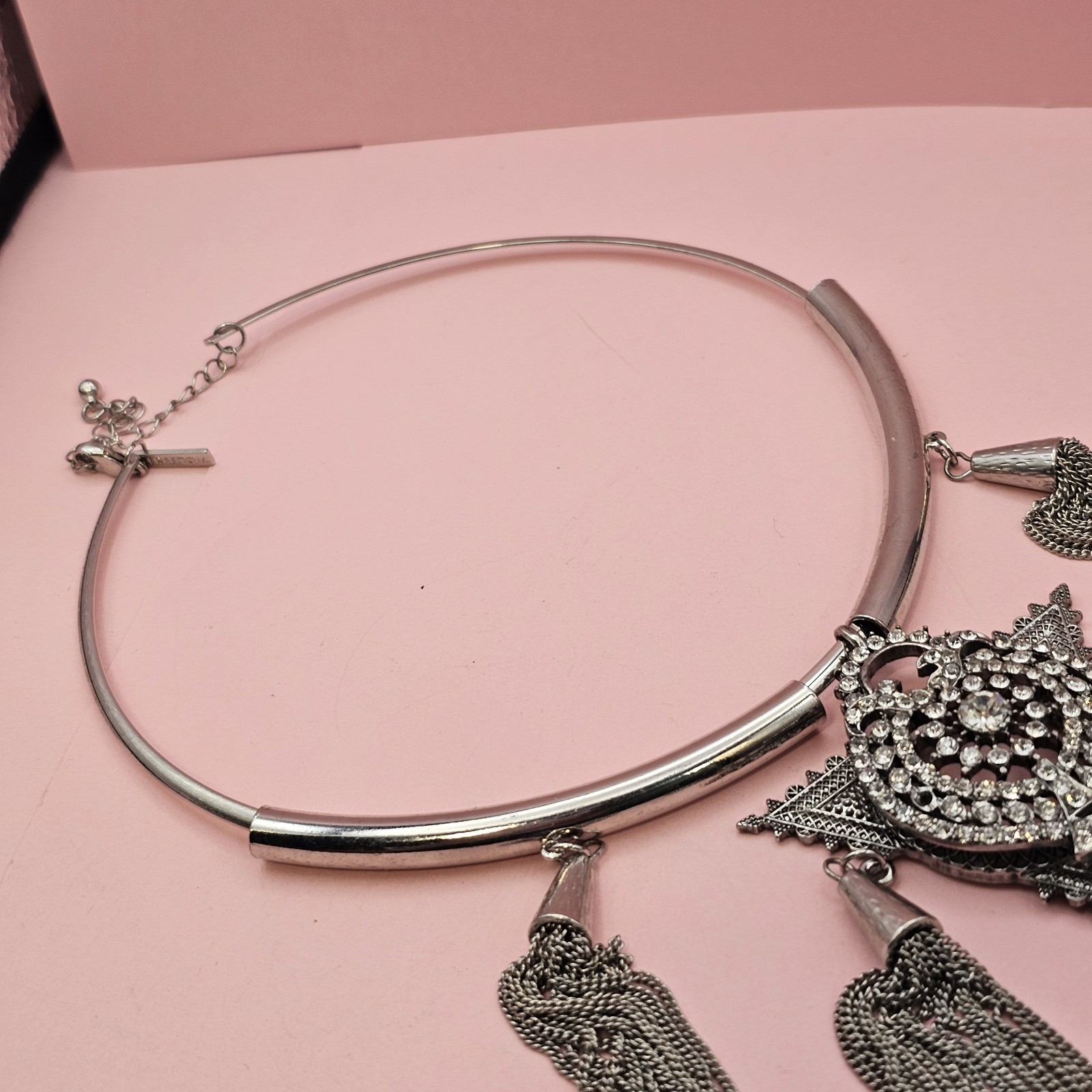 Designer Statement Necklace Silver tone Crystal Medallion Tassel Gypsy