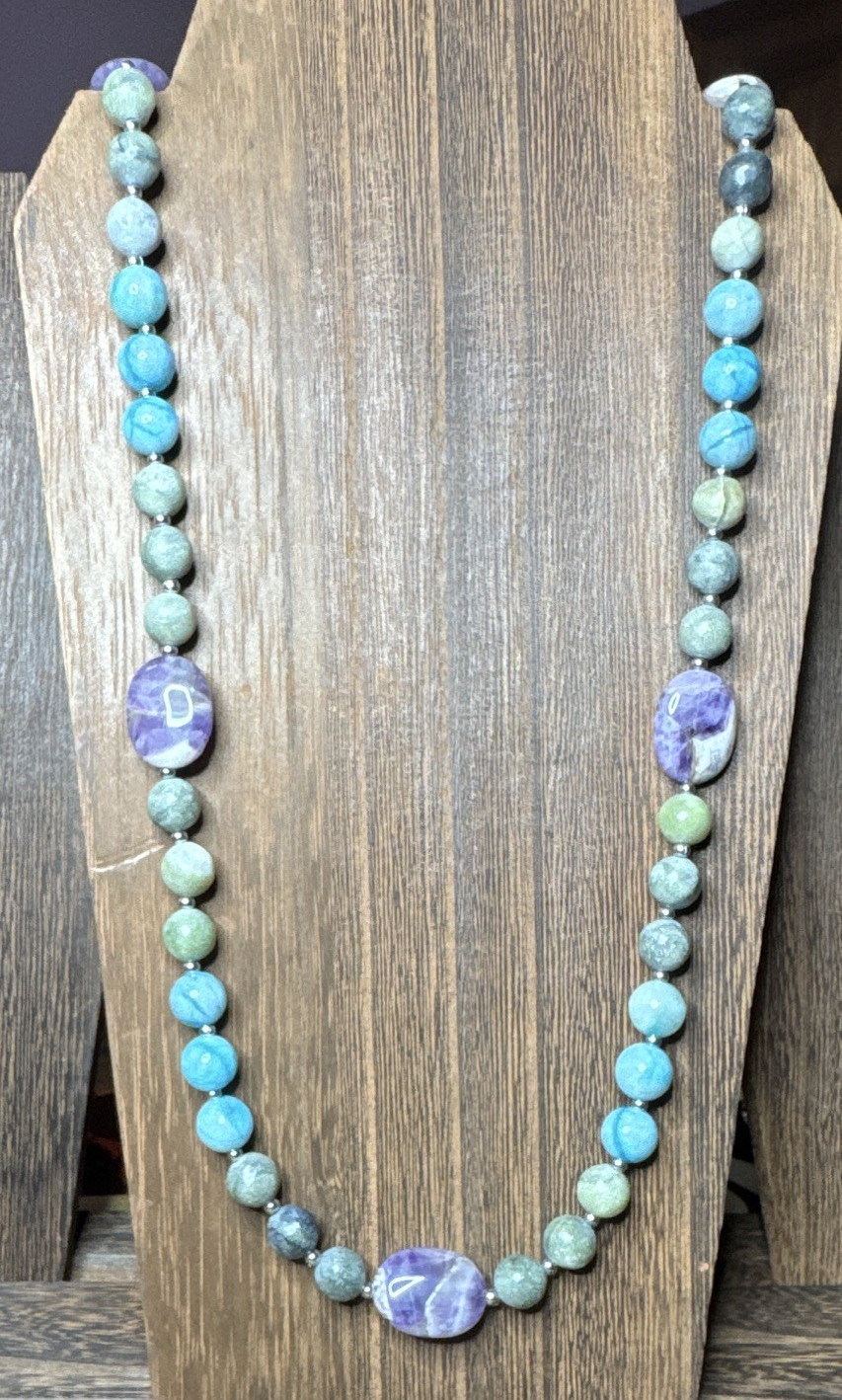 Beaded Stone Necklace Multicolor Round Beads Purple Oval Accents Lobster Clasp