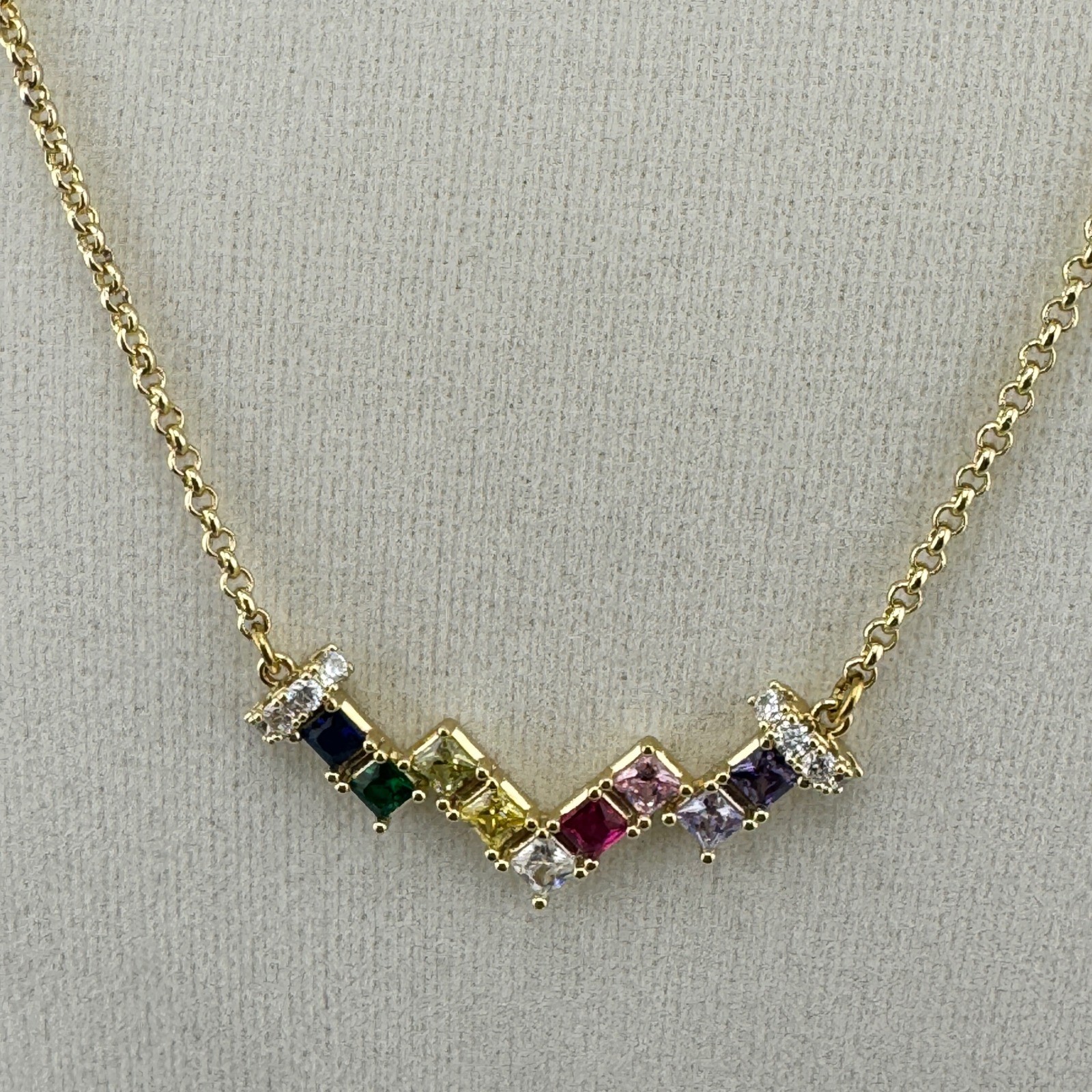 Gold Tone Rainbow Crystal Chevron Pendant Necklace Multi Color Princess Cut