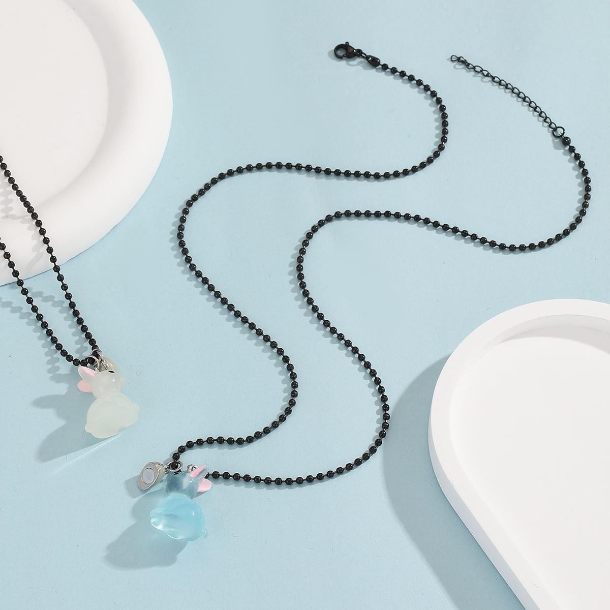 Glow Heart Rabbit Couple Necklace Blue White Pendant Black Bead Chain Gift