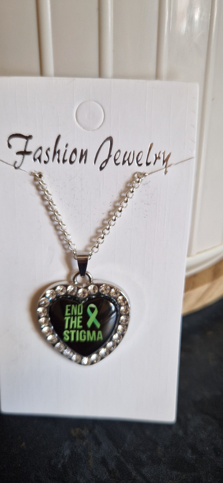Sparkly Heart Shaped Mental Health Green Ribbon Awareness Necklace In Organza Ba