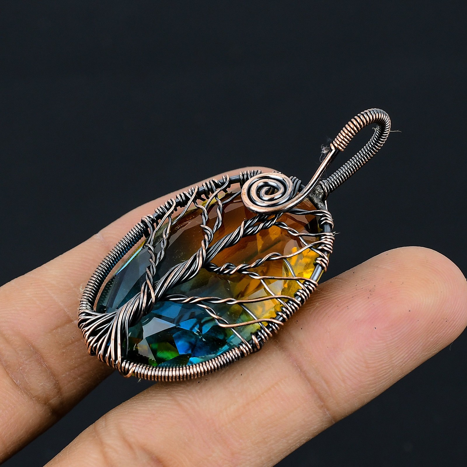 Bi Color Tourmaline Gemstone Copper Wire Wrap Jewely Pendant 2.2″ J676