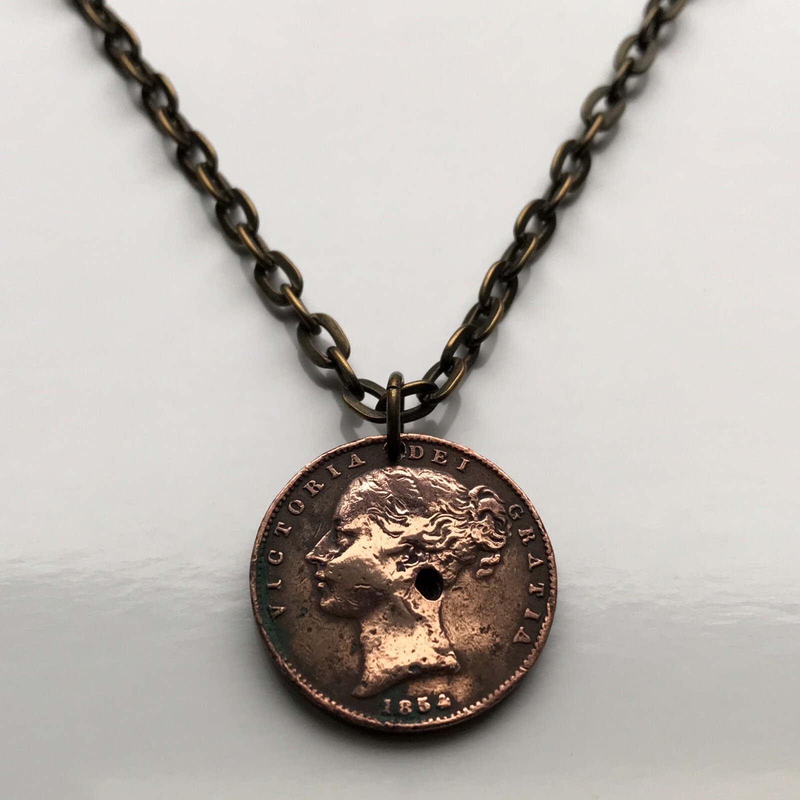 1854 United Kingdom Farthing coin pendant British Queen Victoria London n002237