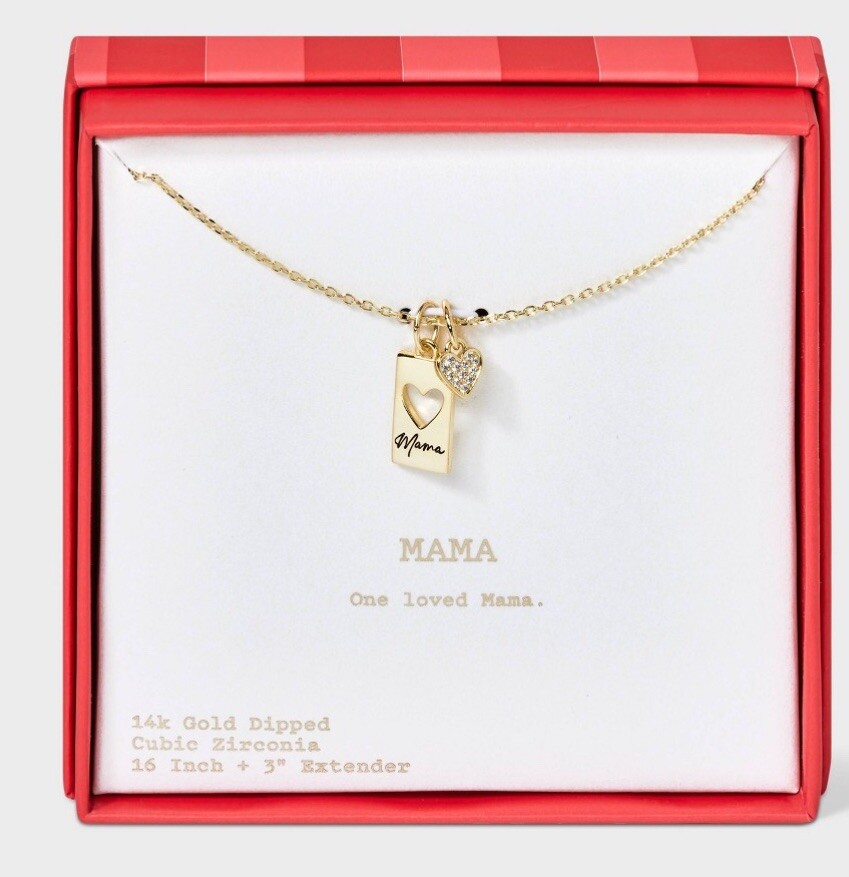 14 Gold Dipped “mamá” Cubic Zirconia Heart Tag Pendant Necklce- A New Day Go