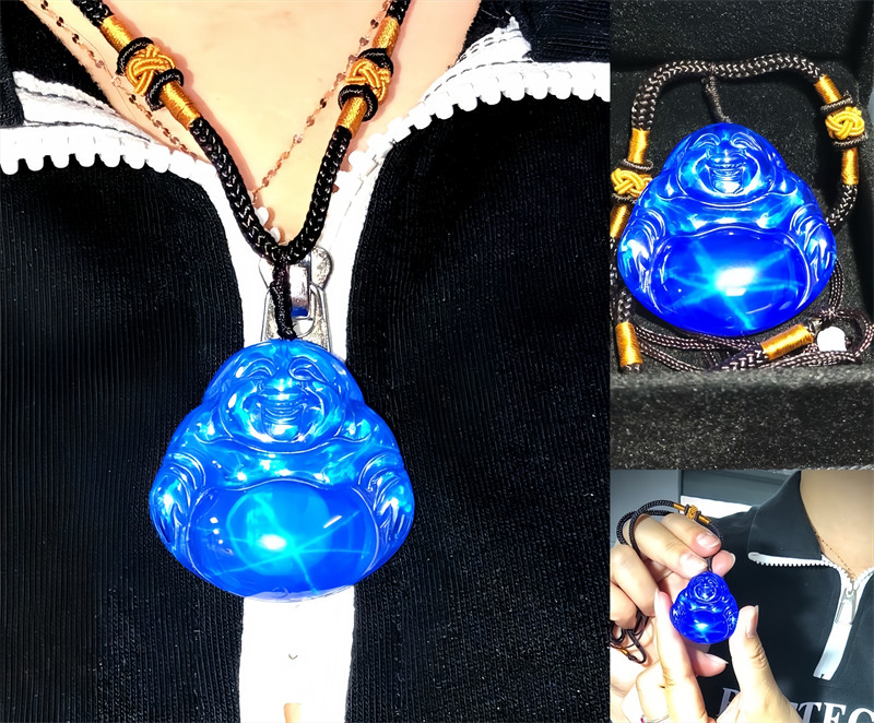 Top quality Lab-Created 6Star Sapphire Maitreya Buddha Sapphire Pendant Necklace