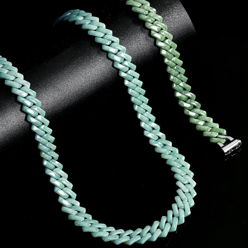 Certified Grade A Green Blue Burma Jade jadeite Cuban Chain Bracelet Necklace