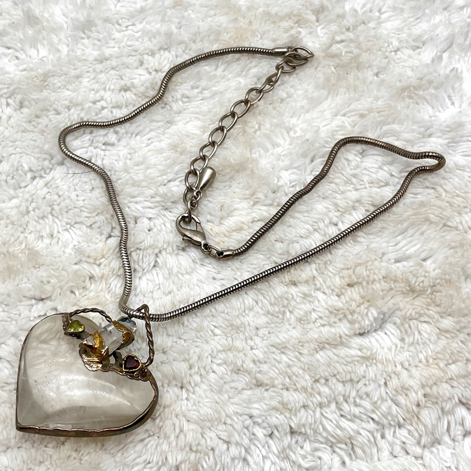 Chunky Heart Necklace Art Glass Pendant Boho Fairycore 21″ Adjustable