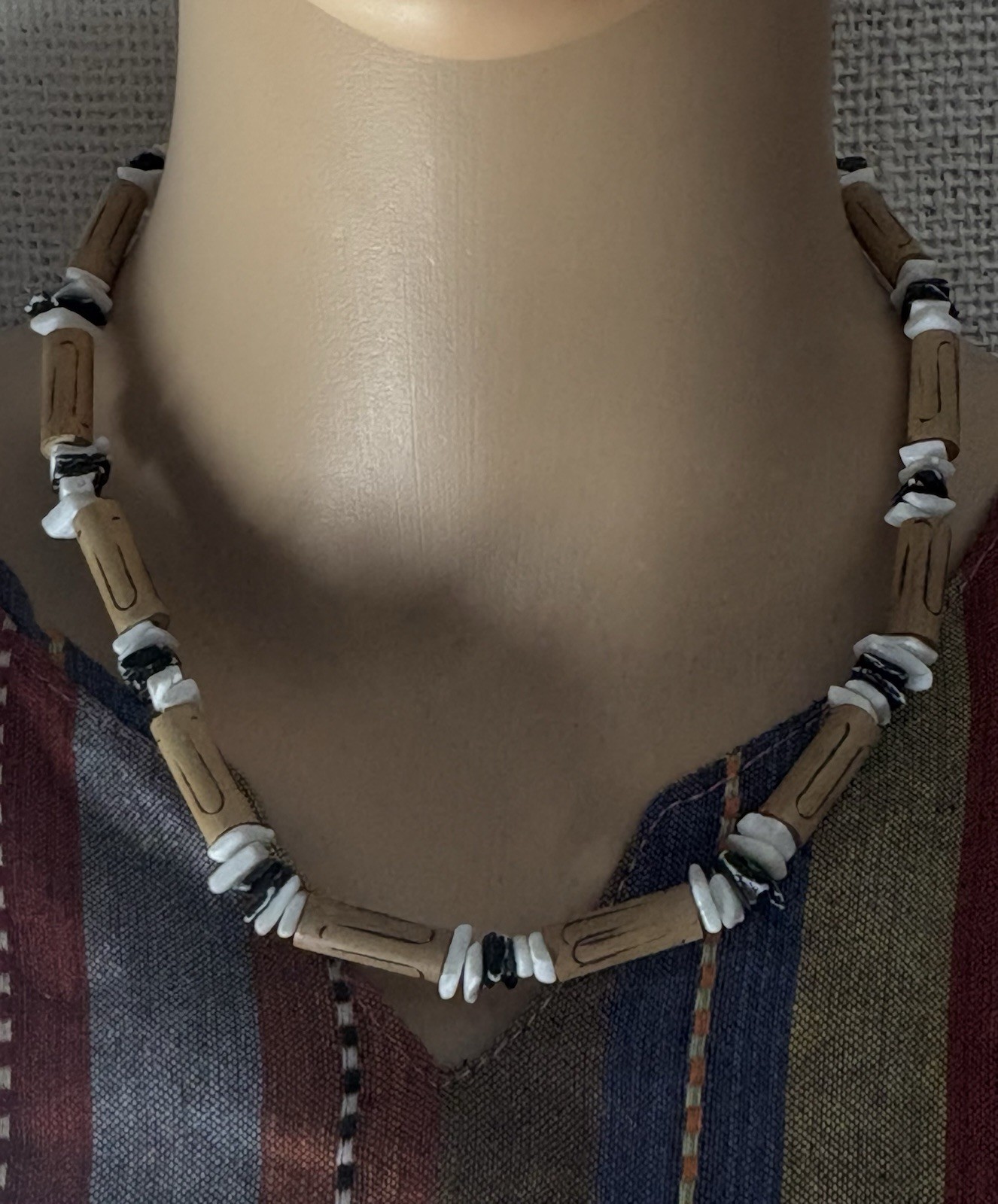 Wood Tube Bead Choker Necklace Black White Cord Tan Beaded Boho Adjustable