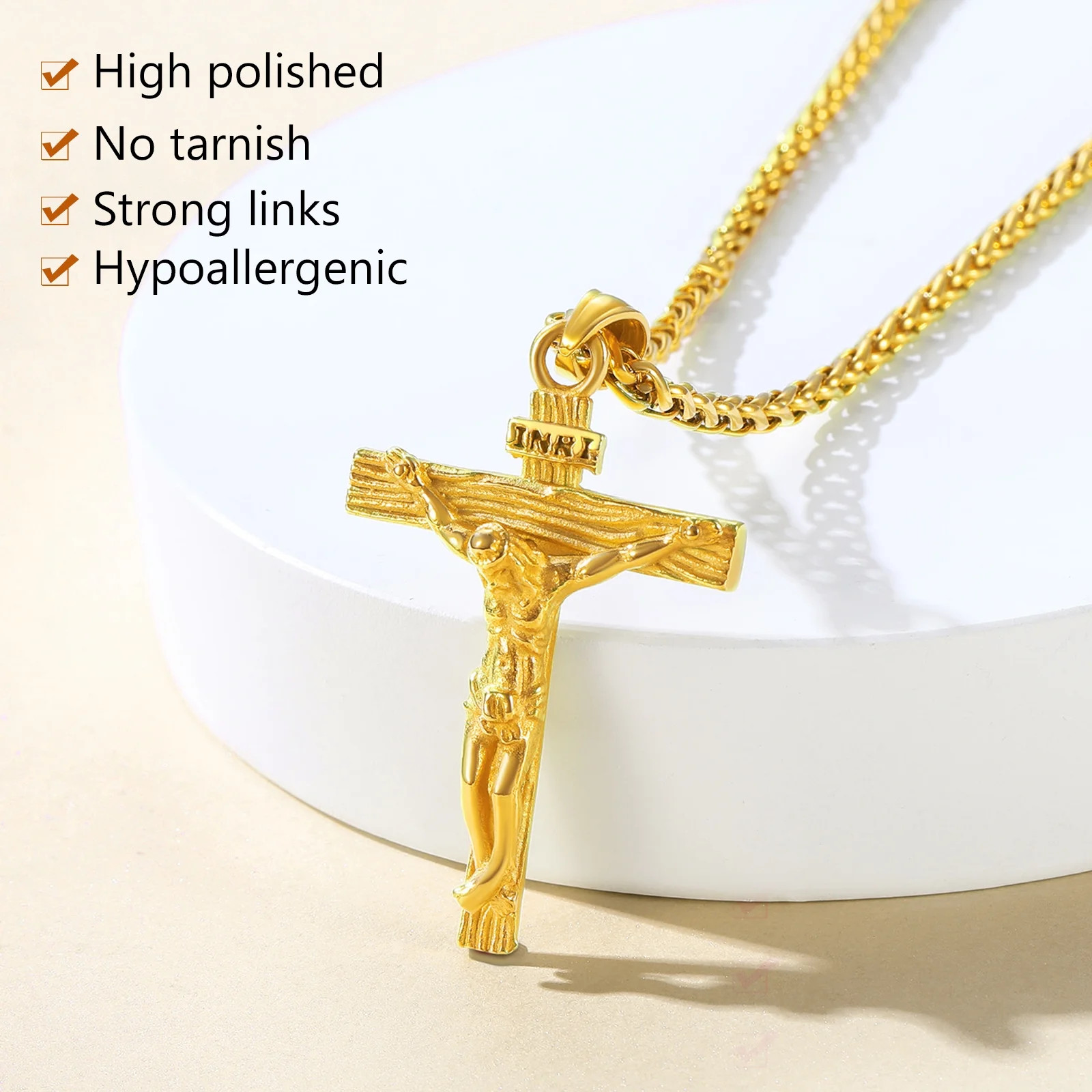 Gold Plated Cross Necklaces for Men Stainless Steel INRI Crucifix Pendant Neckla