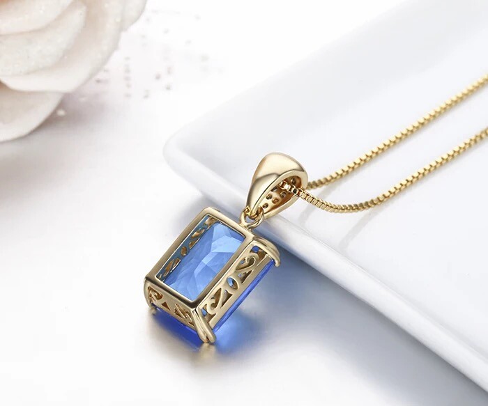 ZARD Emerald-Cut Rectangle Blue Cubic Zirconia Pendant Necklaces in Gold Tone