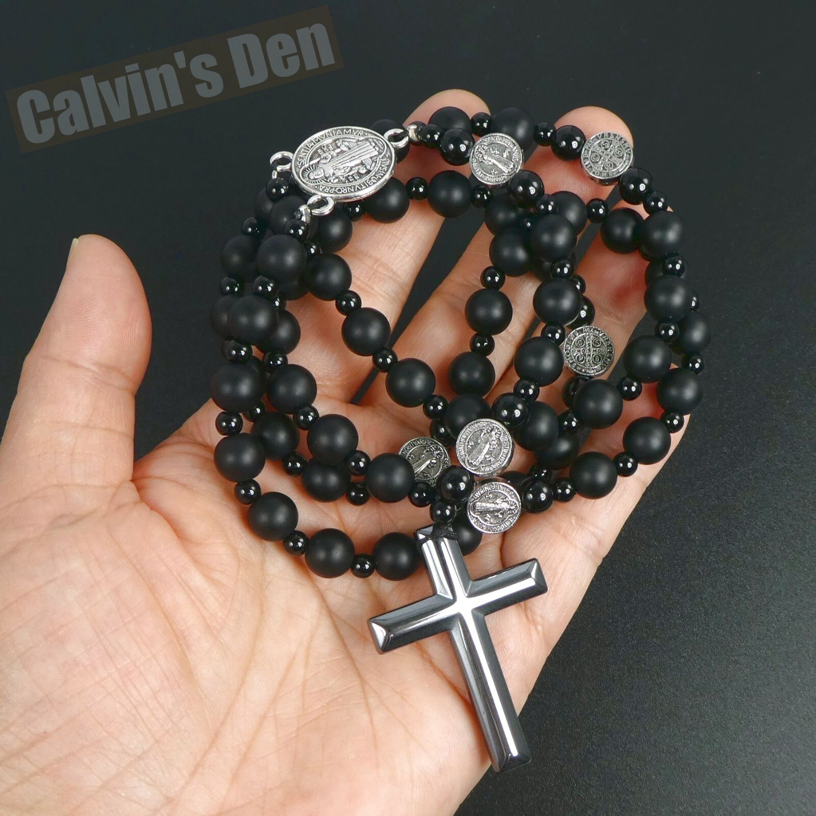St Benedict Black Obsidian Onyx Black Hematite Cross Rosary Necklace Men Gift
