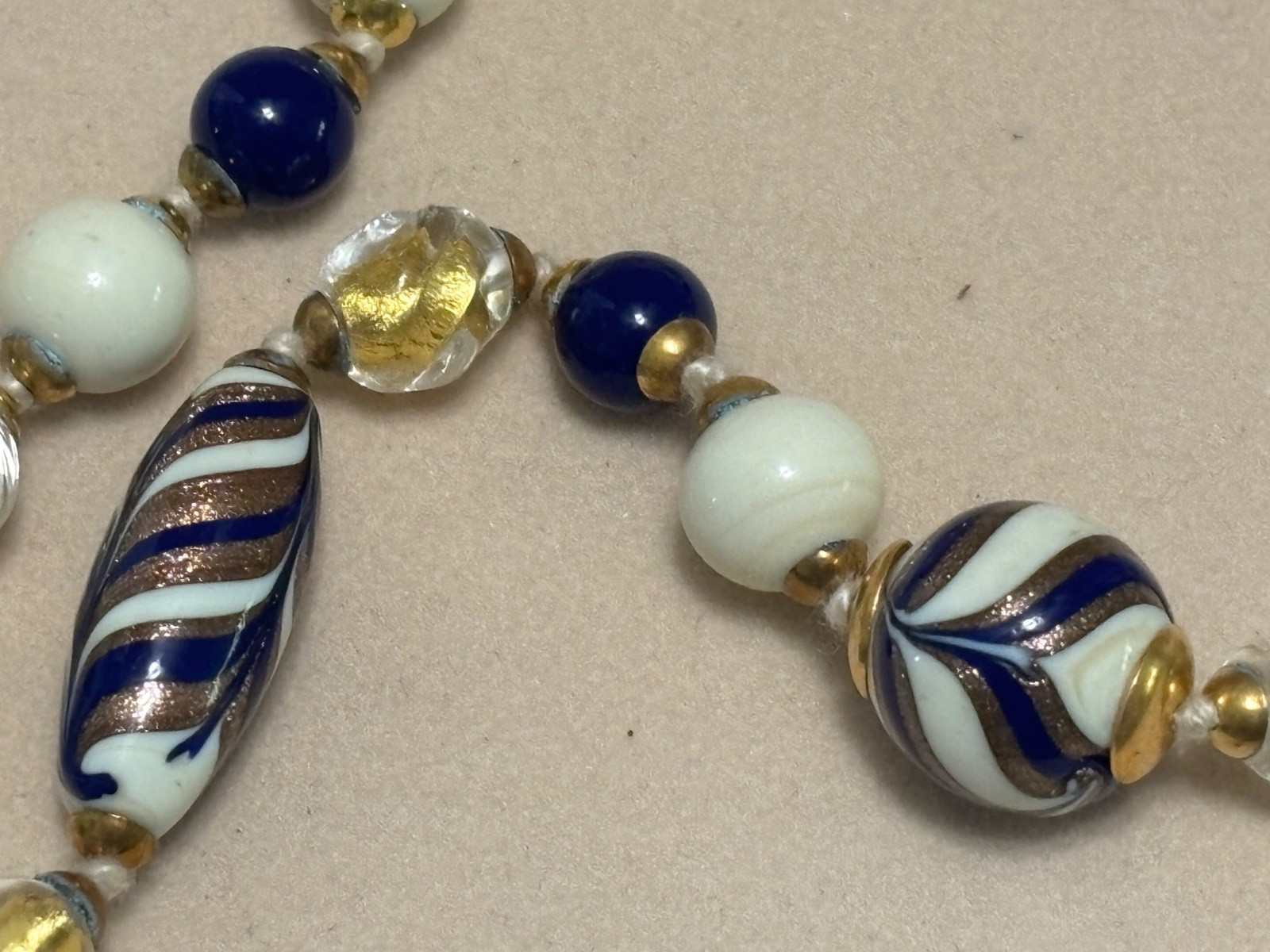 Venetian Glass Beads NECKLACE 20″ Cream Navy Gold Handcrafted IBB Italy Boxed