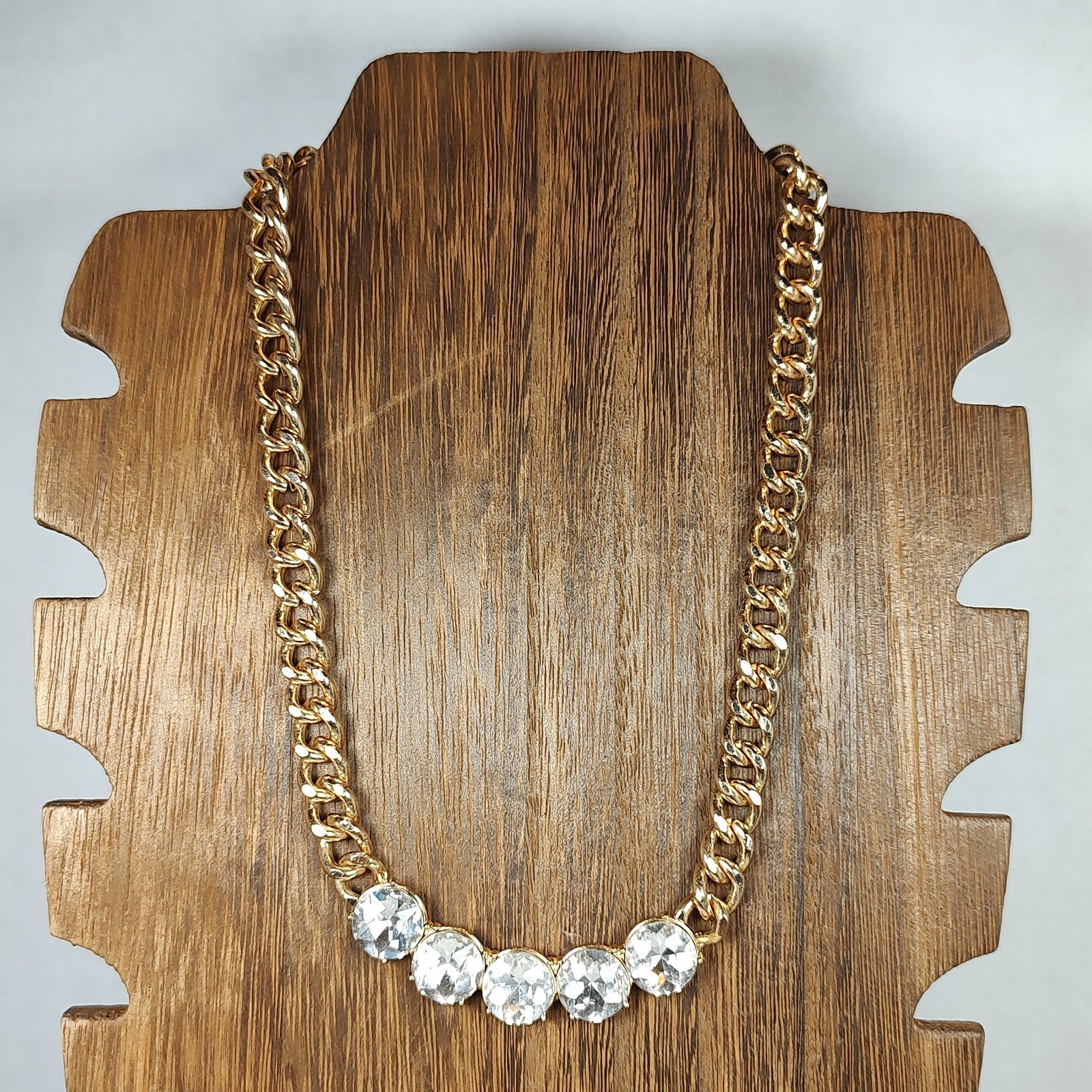 Gold Tone Metal Clear Colorless Glass Stones Statement Necklace 17″ – 19.5″