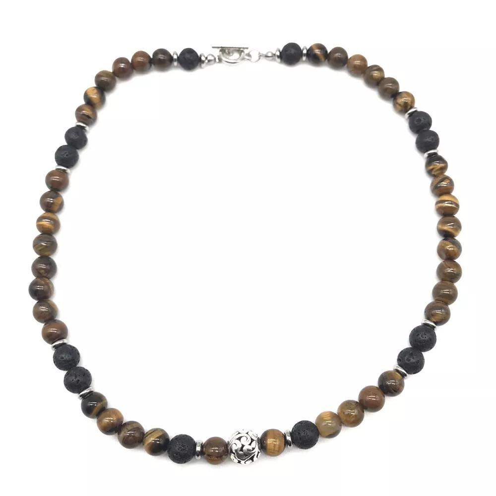 Men’s 8mm Natural Tiger Eye Lava Bead Necklace Stainless Steel Toggle 18/20/24″