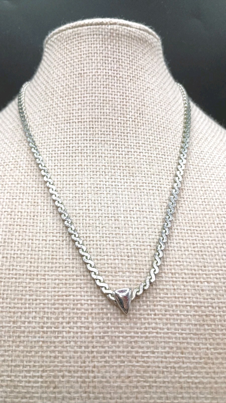 Vintage Monet Necklace Silver Tone Flat Curb Link Modernist Triangle Pendant 15″