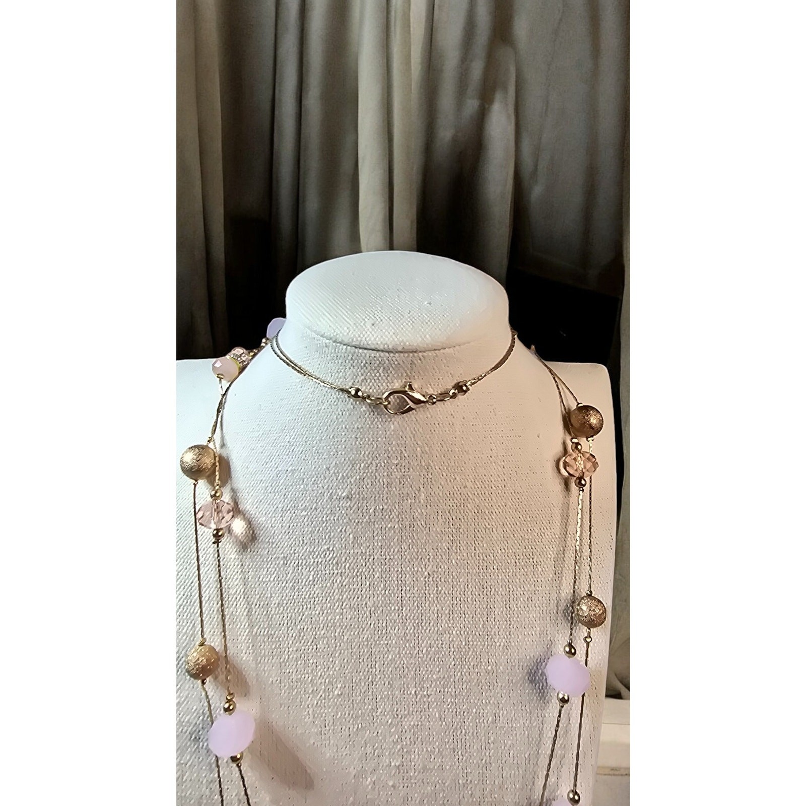 Pink, Gold and Pink Crystal Long Beaded Two Strand Layered Necklace
