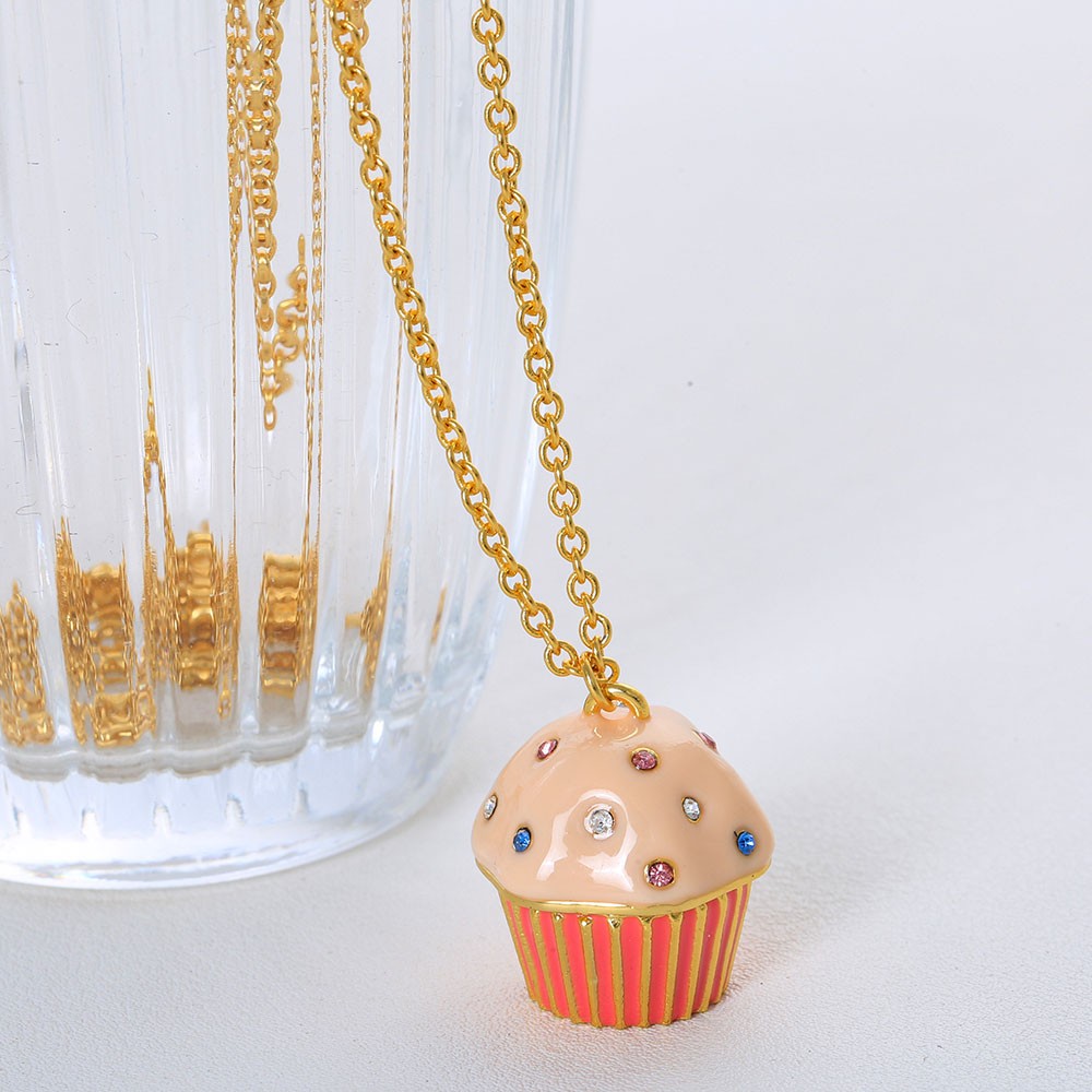 Hand Enamel Rhinestone Cupcake Long Necklace 18K Gold Plated Brass Sweater Chain