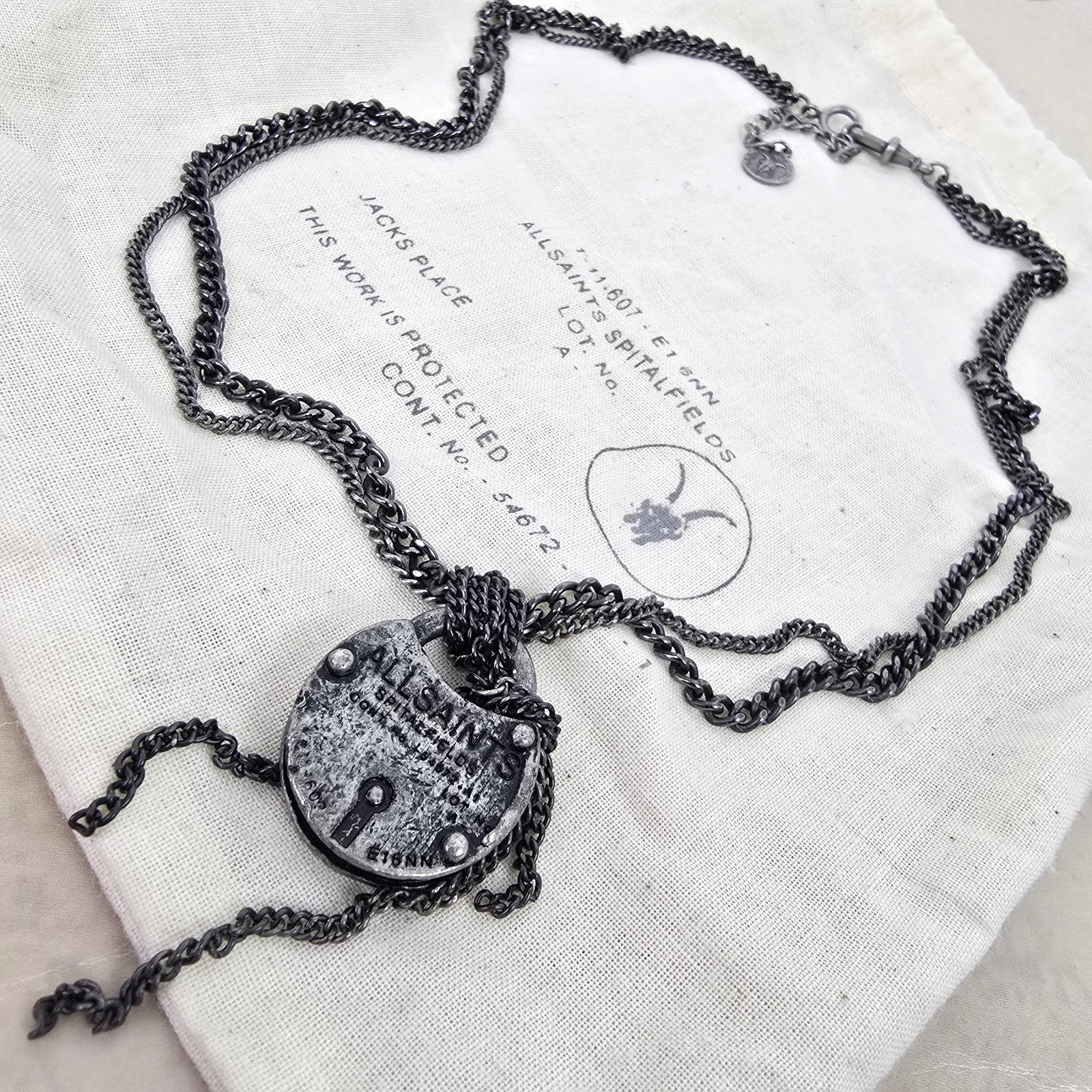 ALL SAINTS WOMENS VINTAGE DISTRESSED PADLOCK NECKLACE BLACK GREY LOCKET RARE