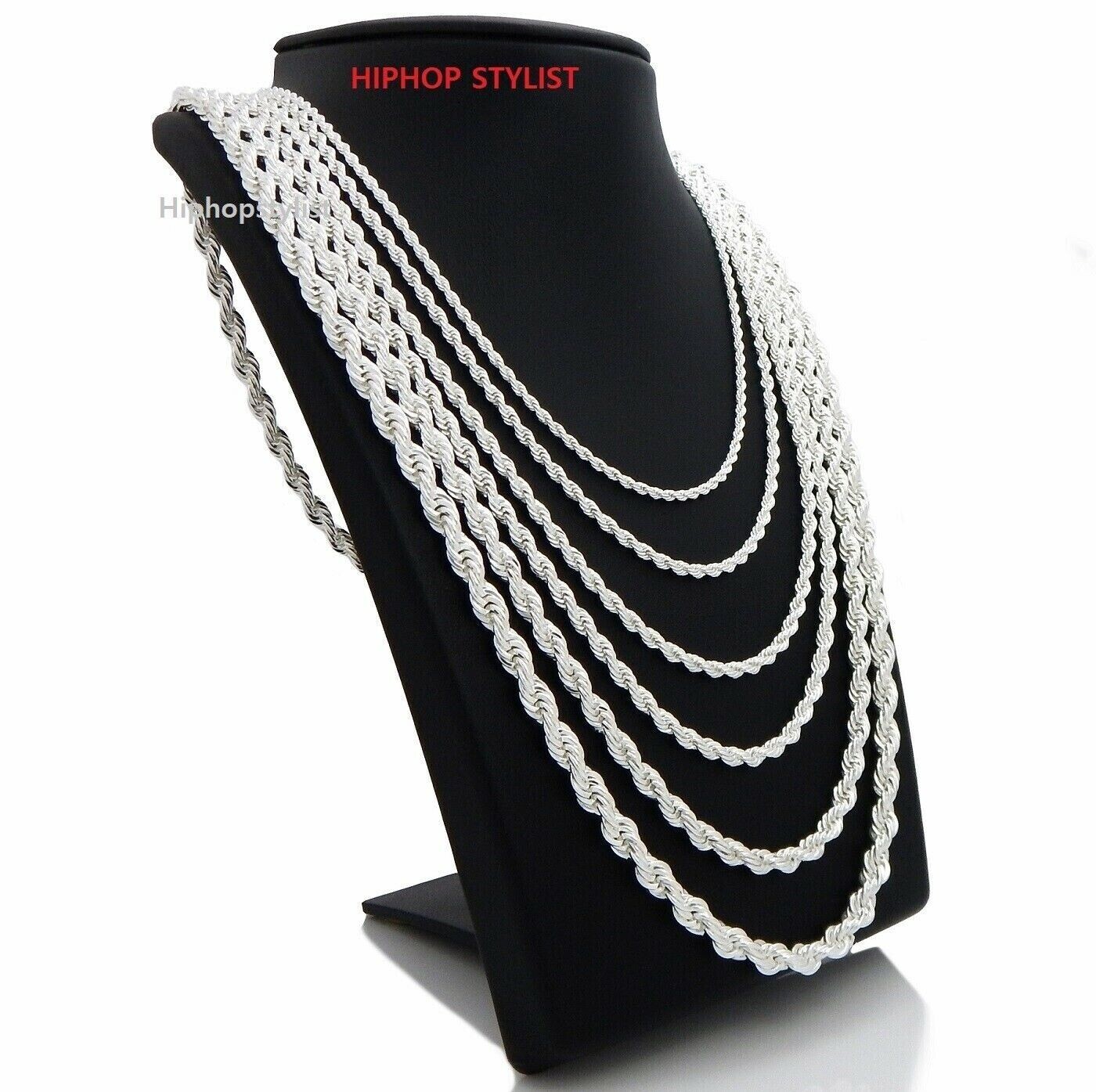 Hip Hop Rope Chain Necklace 2mm to 6mm 8″ 18″ 20″ 24″ 30″ 36″ 14K Silver Plated