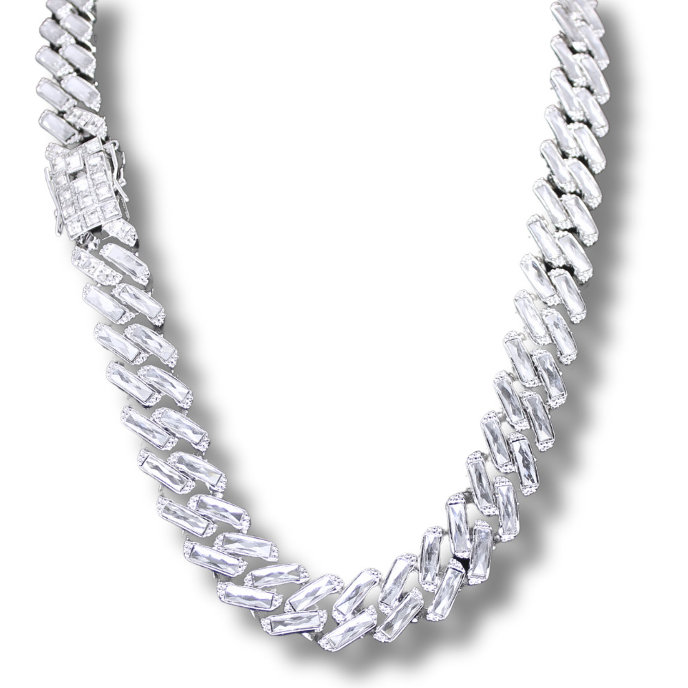 Mens 16mm Iced Baguette CZ Chain Square Cuban Curb Link Silver Plated Necklace