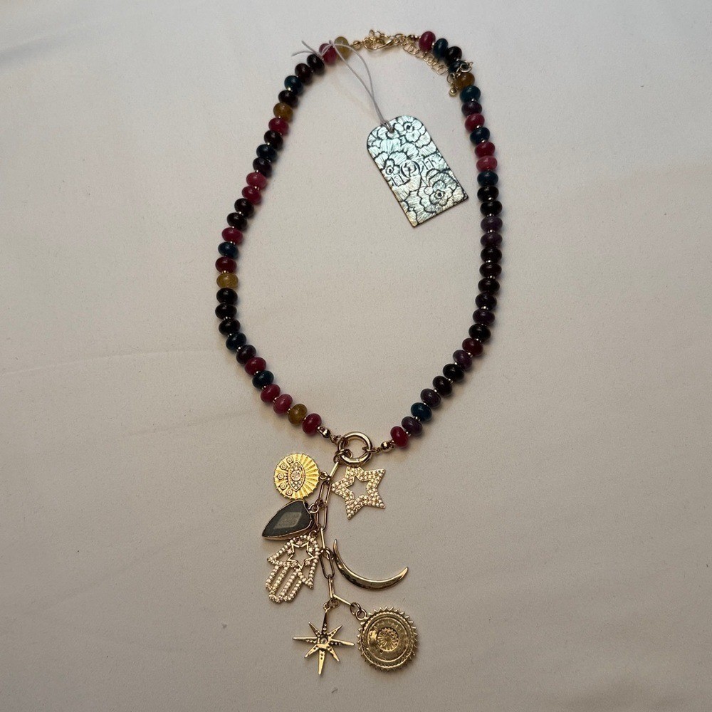 Boho Beaded Charm Necklace Gold Tone Hamsa Star Moon Evil Eye Celestial Gemstone