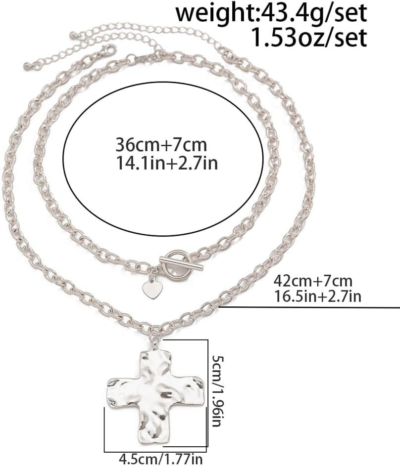 Layered Chunky Cross Necklace for Women，Multilayer Punk Hammered Choker,Trendy H