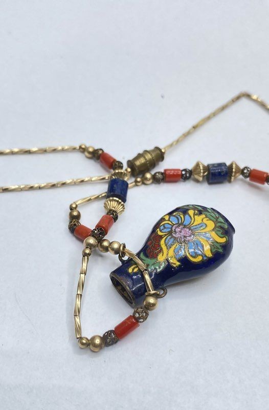 Vintage Gold Filled Cloisonne Enamel Vase Necklace Blue Lapis Red Coral 17.5″