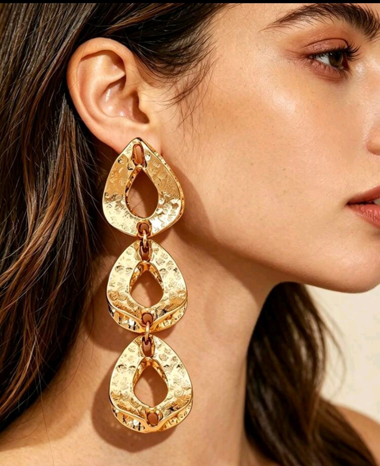 Women’s Gold Color Hammered Geometric Hoop Dangle Earrings Statement Vintage