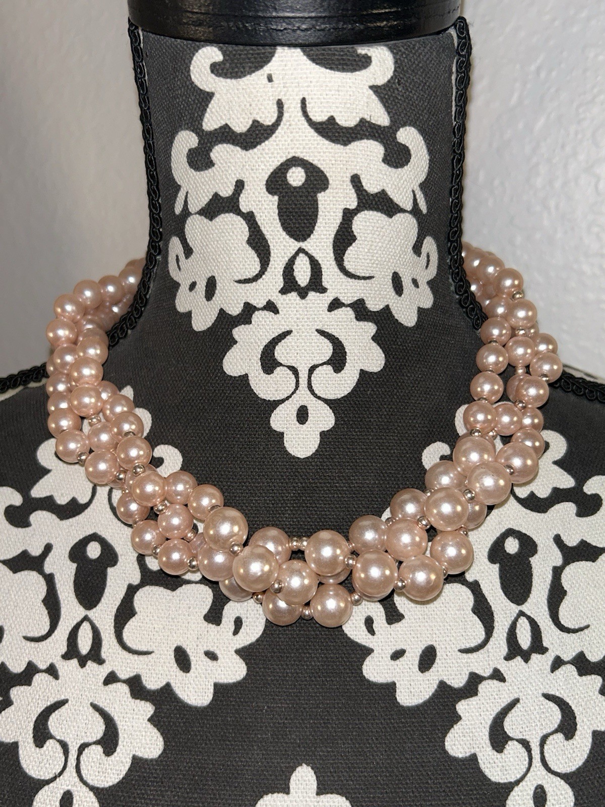 Light Pink Pearl Cluster Statement Necklace Multi Strand Chunky Twisted Choker