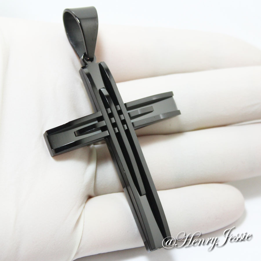 24″30″36″MEN Stainless Steel 11mm Black Plated Cuban Curb Chain Cross Pendant*A