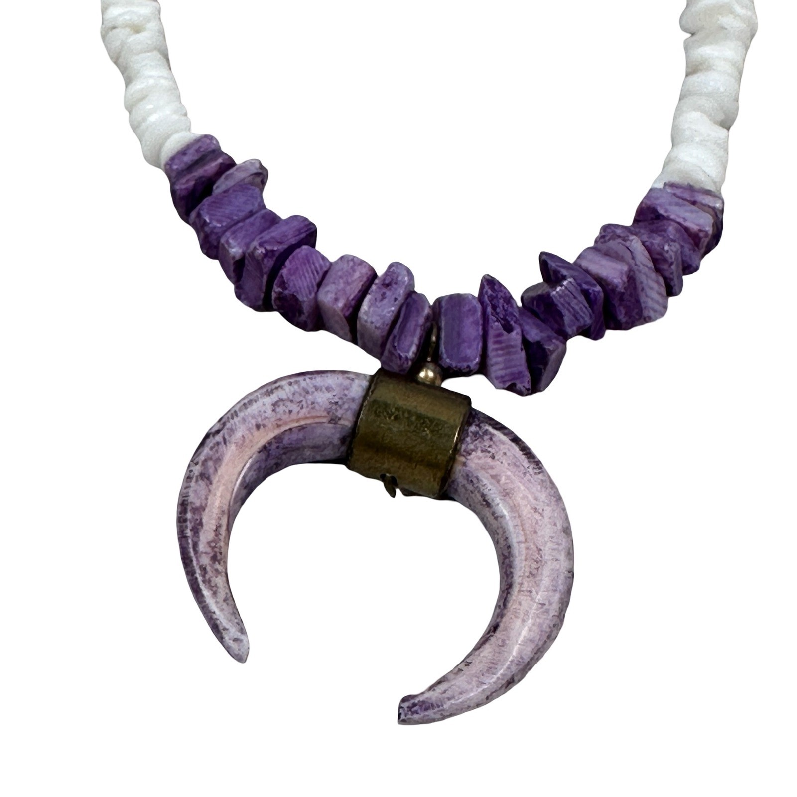 Vintage Purple Shell Crescent Moon Pendant Necklace White Heishi Bead Boho 18in