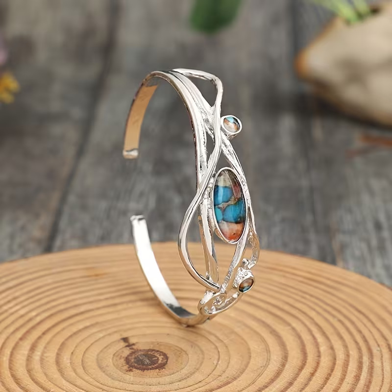 Vintage Inspired Imitation Turquoise Stone/Silver Tone Cuff Bracelet. Small Size