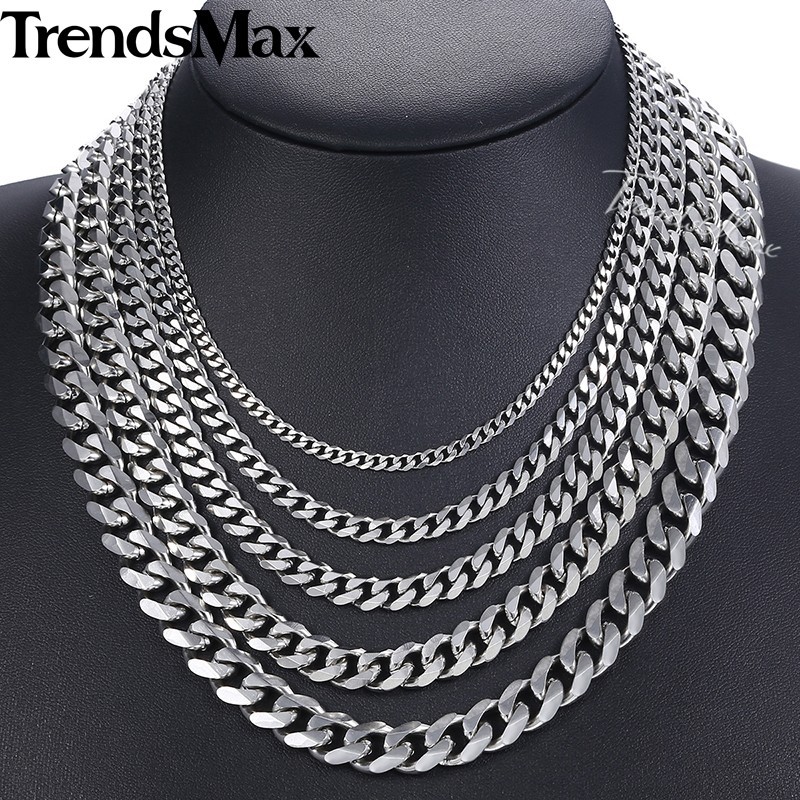 16″-30″ Stainless Steel Silver Chain Cuban Curb Men Women Necklace 3/5/7/9/11mm