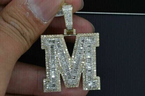 2Ct Round Cut Simulated Diamond M Initial Letter Pendant 14K Yellow Gold Plated