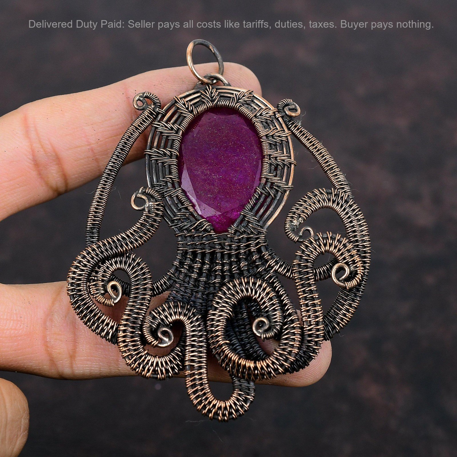 Oval Kashmir Rubi Gemstone Copper Birthday Wire Wrapped Octopus Pendant Jewelry