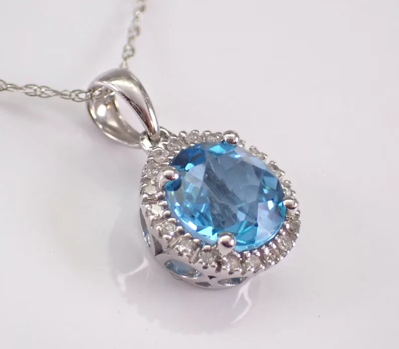 2.00Ct Round Cut Simulated Blue Topaz Halo Pendant Chain 14k White Gold Plated