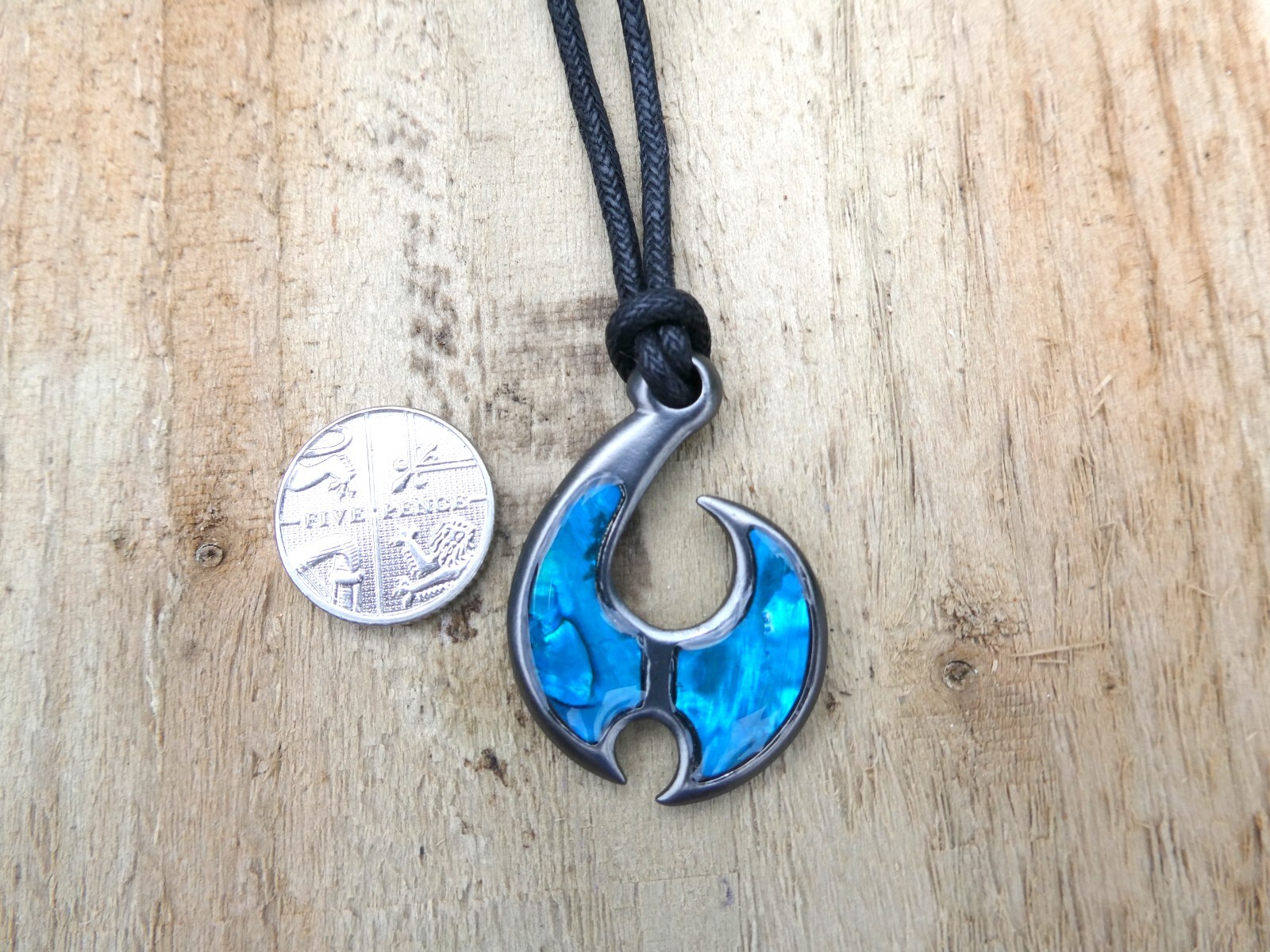 New Zealand Abalone Paua Shell Maori Koru Pendant 18″/46cm Black Cord Necklace
