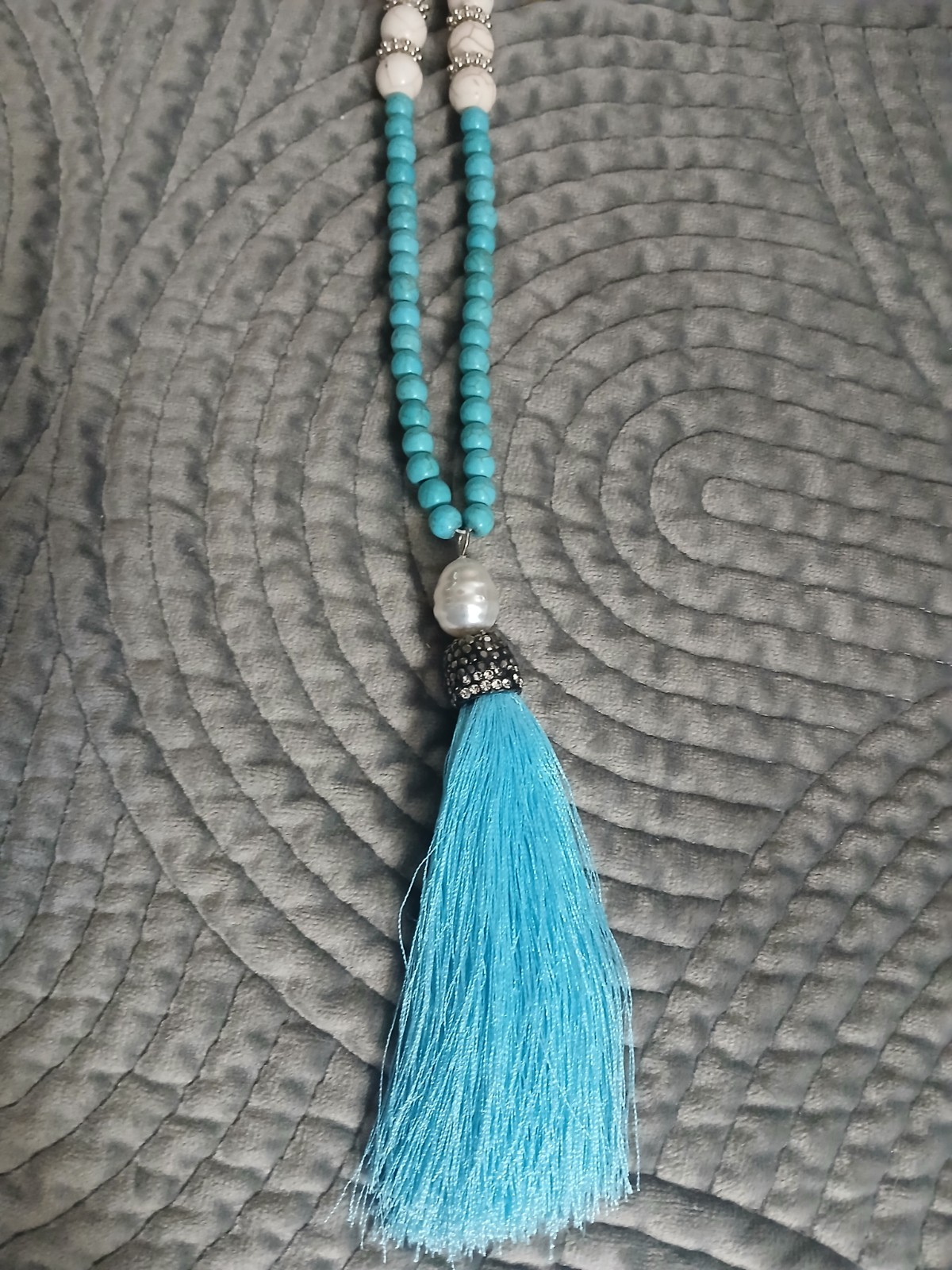 Turquoise Necklace Long Beaded With A Pearl And Tassel