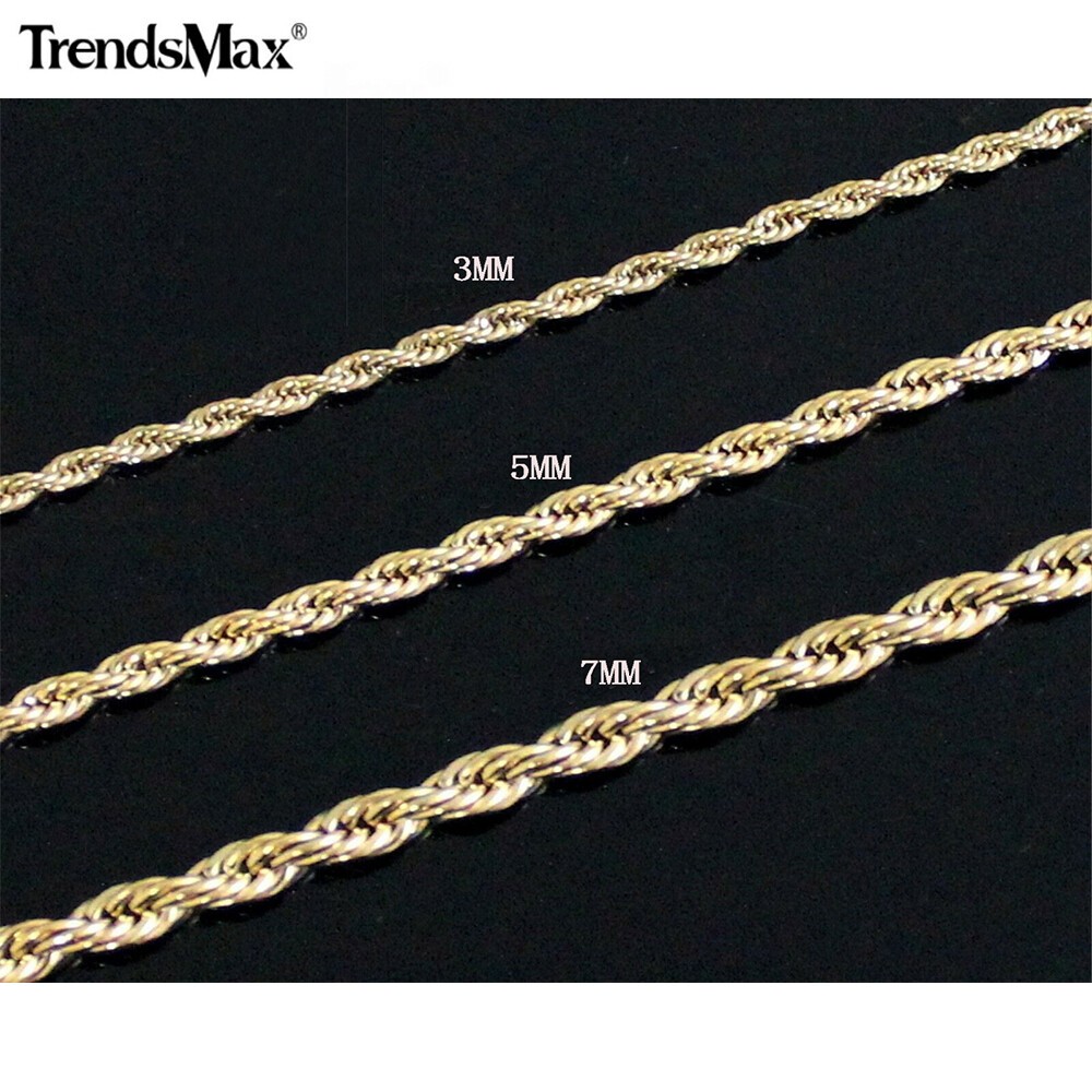 Gold Plated Stainless Steel Rope Chain Necklace 3/5/7mm 16-30″ Choker Men Women
