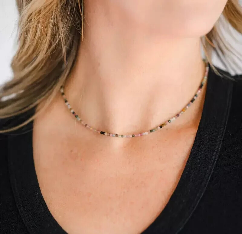 2mm Natural Rainbow Tourmaline Beaded Choker Tiny Gemstone Boho Women Necklace