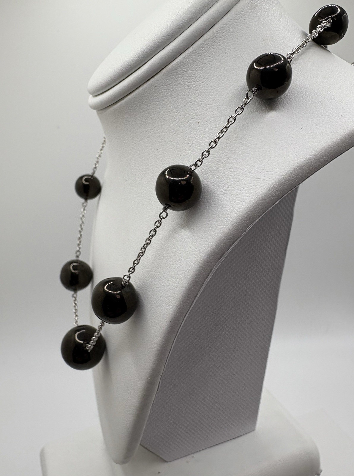 Elite Shungite Station Necklace 20” Sterling Silver Rhodium Finish Black Beads