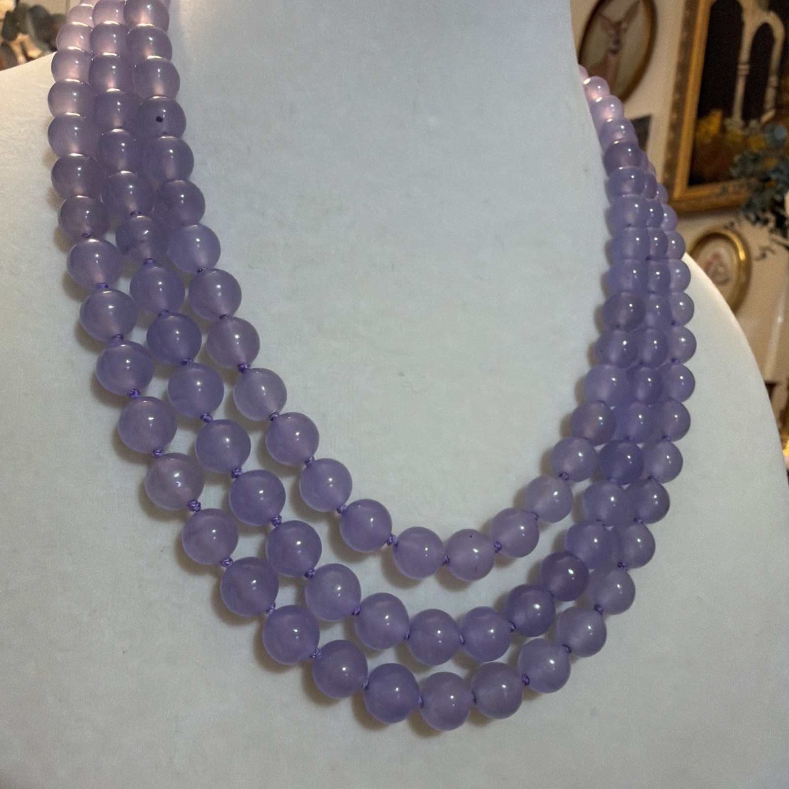 Vintage 3Row 8mm purple chalcedony jades necklace 17-19”
