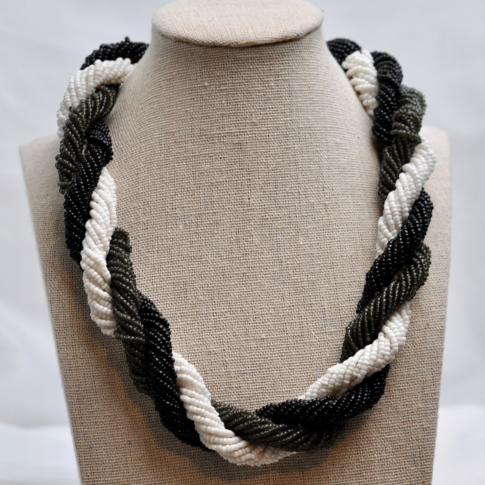Necklace Black Grey White Beaded with Beaded Clasp 10” Long