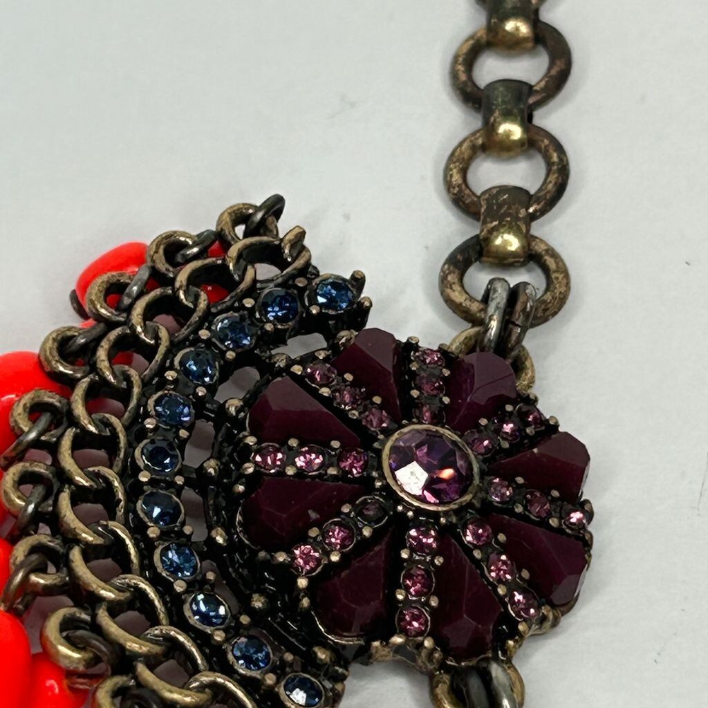 J Crew Necklace 18in +3 Brass Tone Neon Orange Bead Purple Crystals READ Flaw