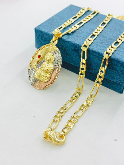 Gold Filled Virgen Maria Pendant/Medallion Necklace Virgin Mary 24″ Figaro Chain