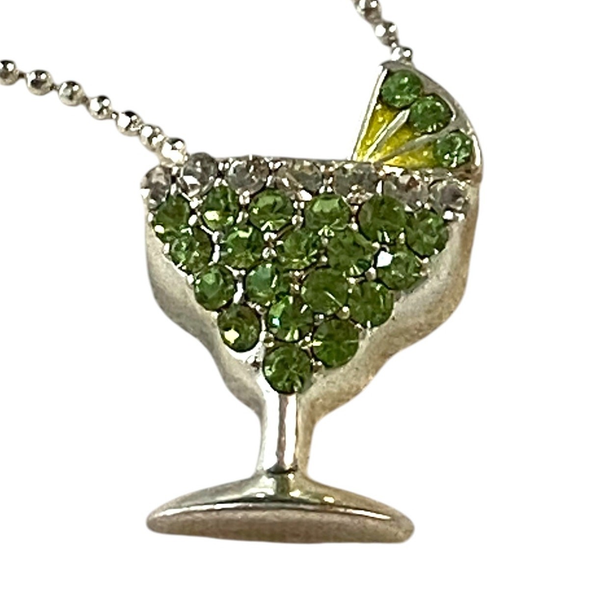 Silver Margarita Lime Pendant Necklace Cocktail Crystals Costume Minimalist