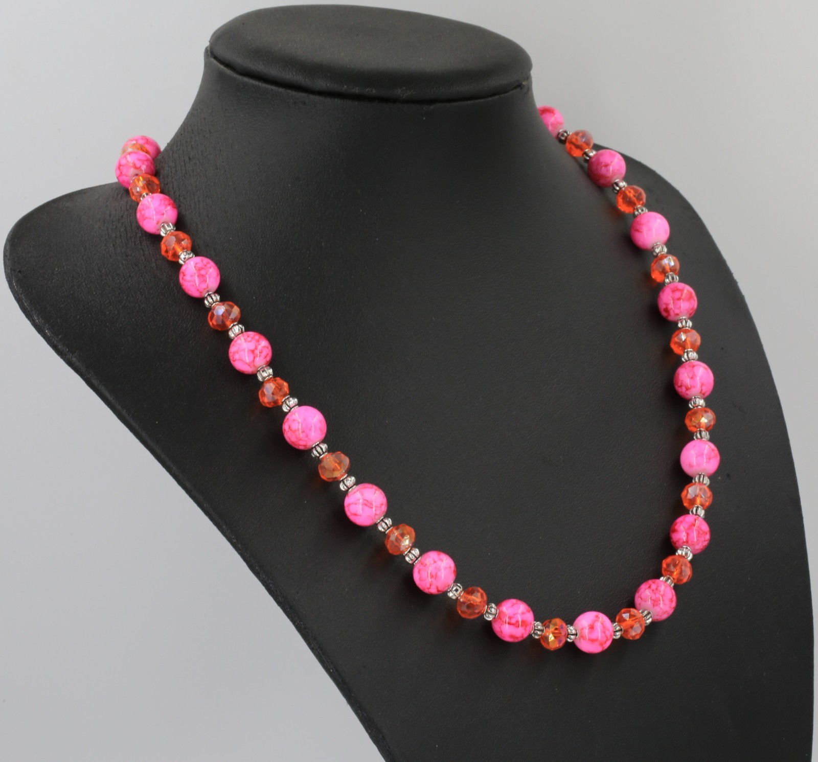 Colourful bright pink mottled glass & orange glass crystal bead silver necklace