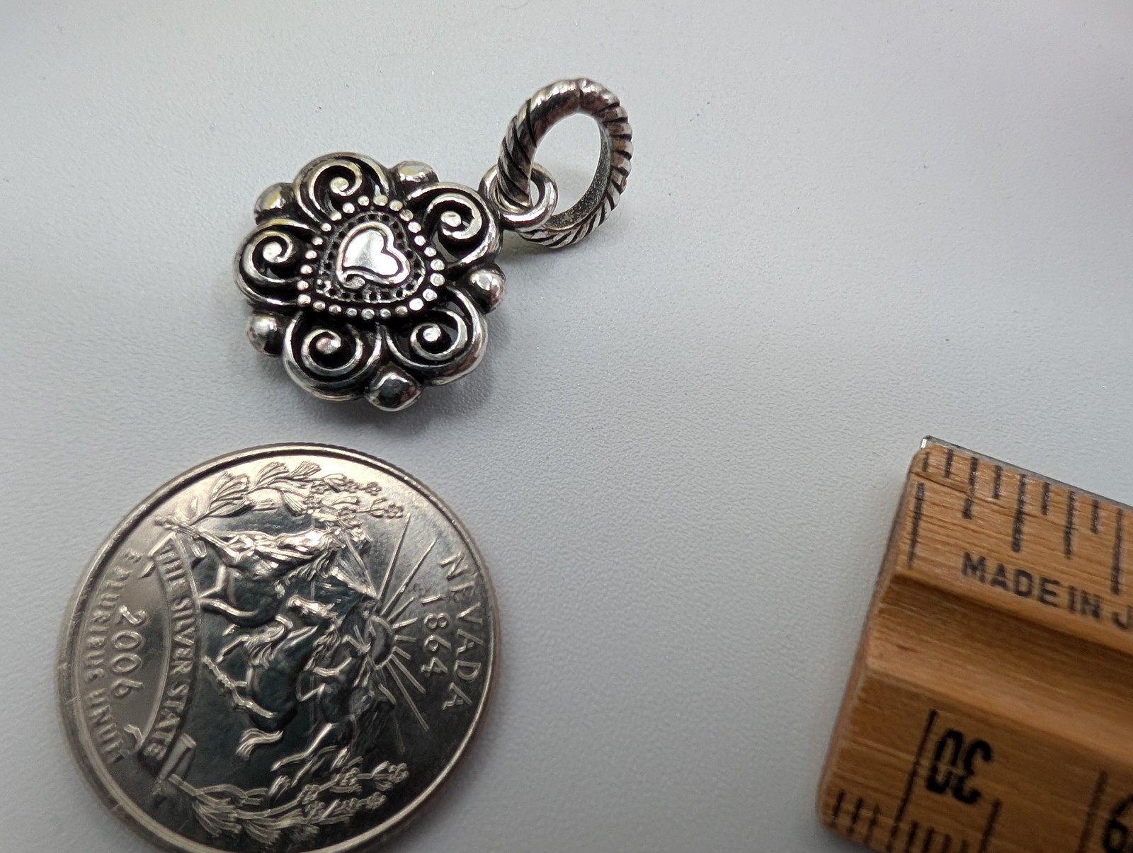 Brighton Silver Tone Red Heart Pendant Charm Scrollwork Clear Stones