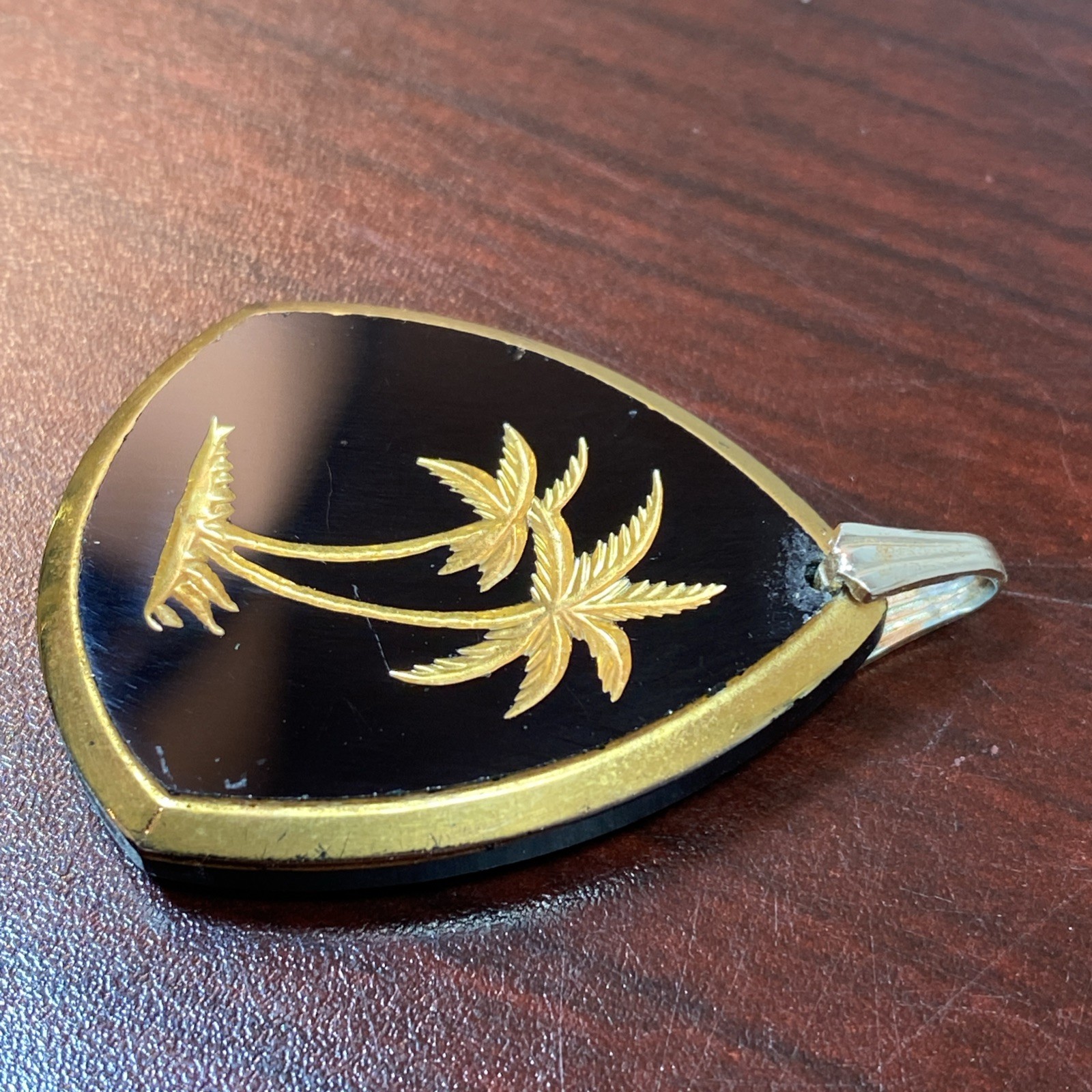 Vintage Golden Palm Trees Etched on Jet Black Glass Pendant Charm Germany 1.25”