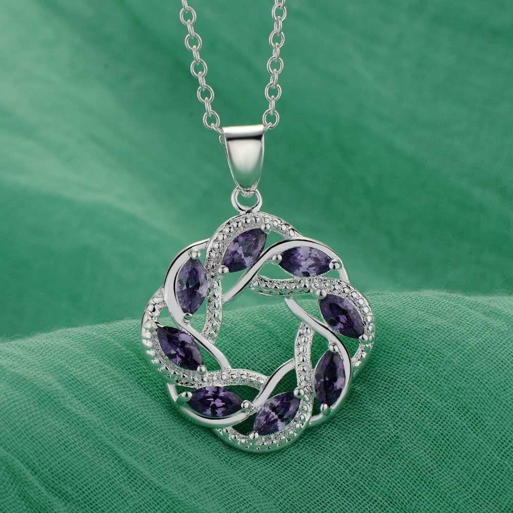 925 Sterling Silver Purple Zircon Necklace Women Wedding Engagement Jewelry